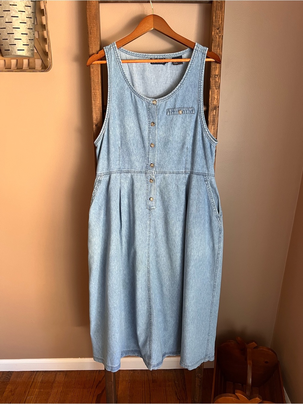 Sleeveless Light Blue Denim Button Midi Dress